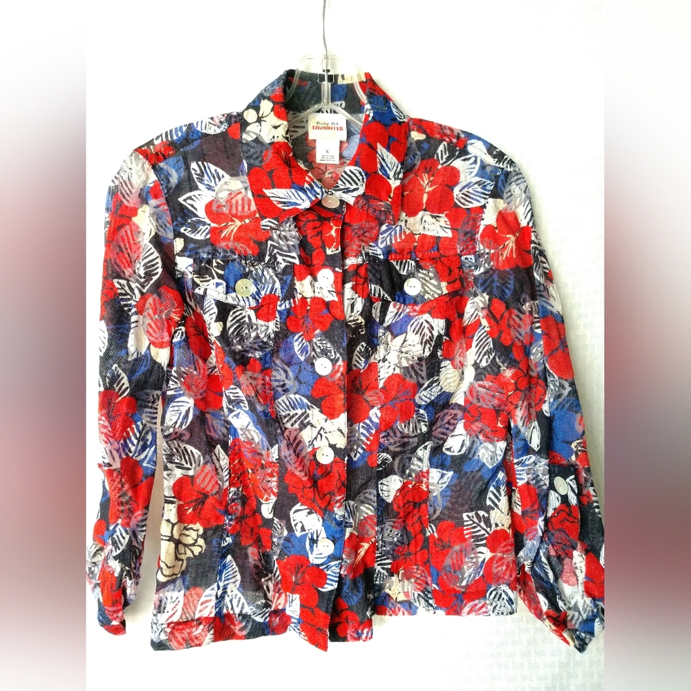 Ruby Rd Favorites Floral Shirt Top Red White Blue Beige Sheer Burnout Size 6